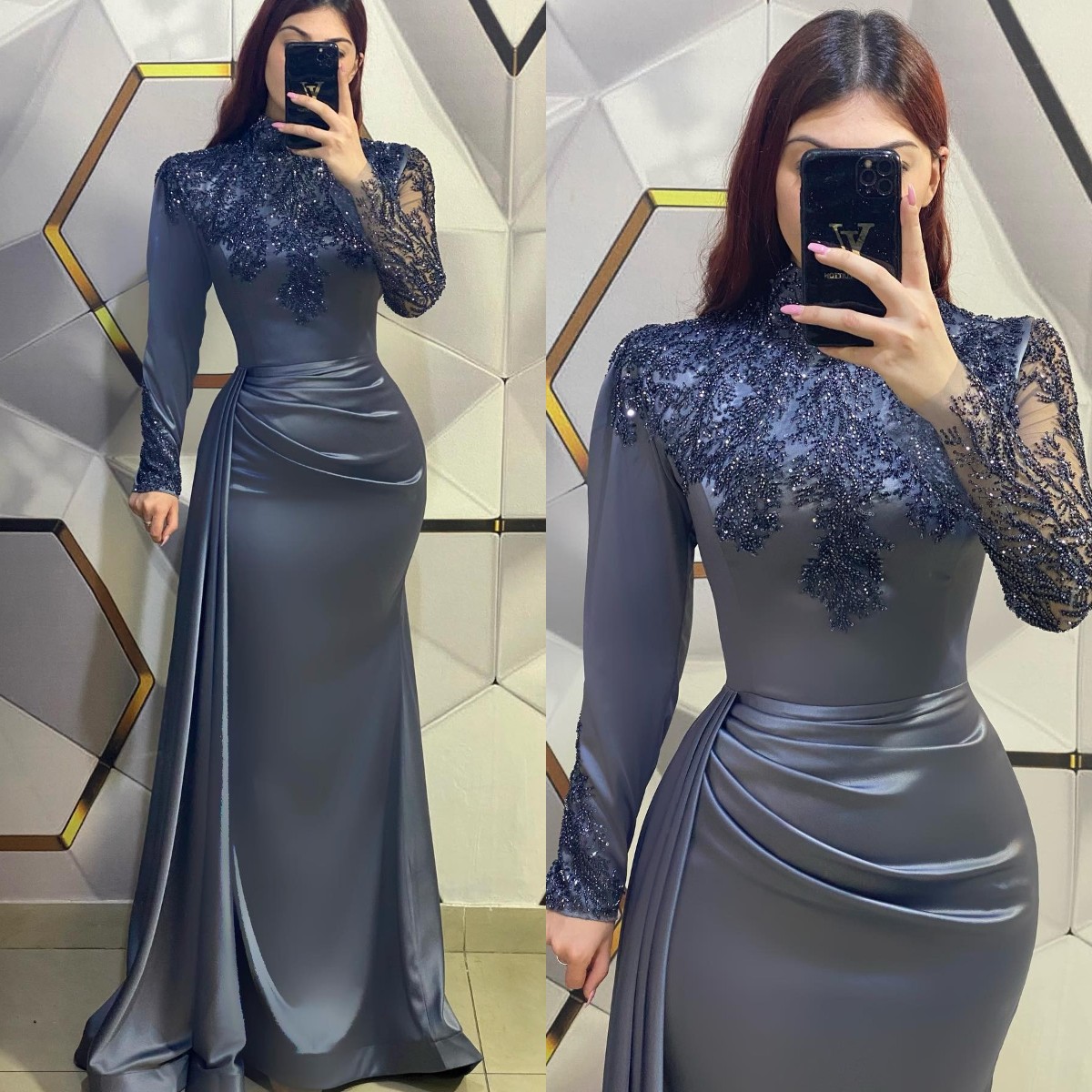 Blue Grey Muslim Evening Elegant Beaded High Neck Long Sleeves Side Train Turkish Kaftan Dress Pleats Waist Special Ocn Formal Dresses For Women