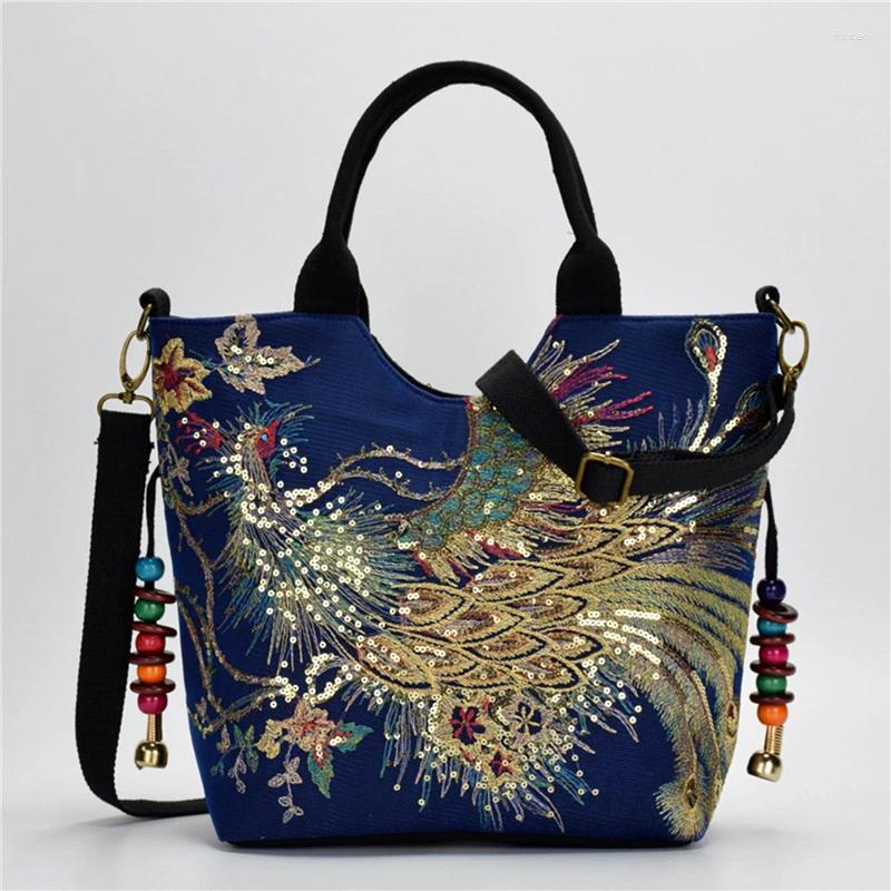 Evening Bags Shiny Sequins Peacock Embroidered Women Canvas Totes Bag Summer Shopping Shoulder Vintage Beaded String Handbag Black