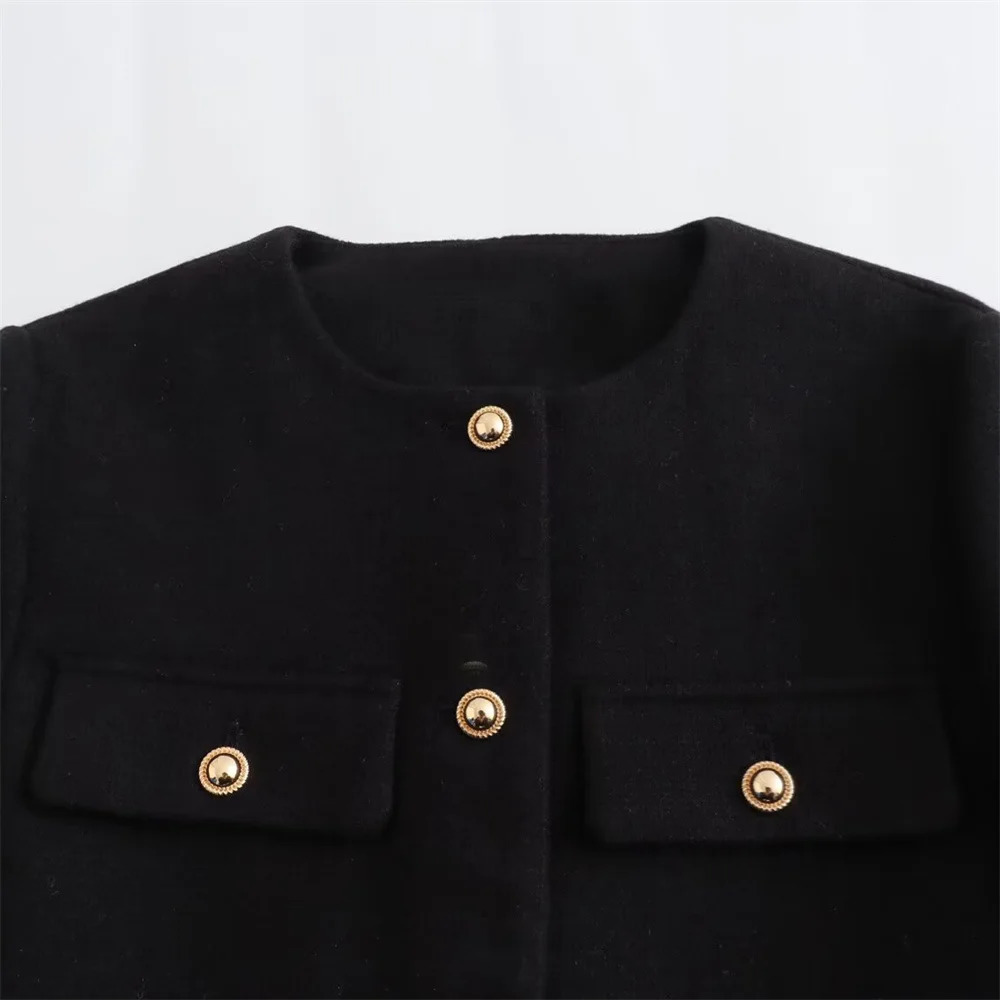UNIZERA Winter Product Womens Fashion and Casual Versatile Round Neck Flip Decoration Short Suit Coat 240407