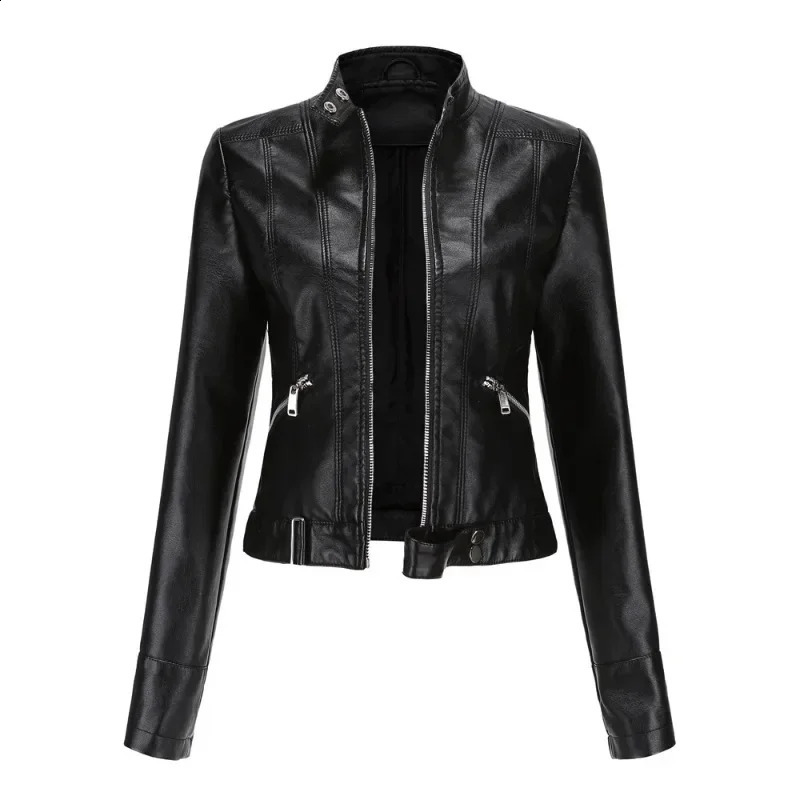Spring and autumn standing collar womens thin leather jacket model womens leather jacket short thin and fitted 241120