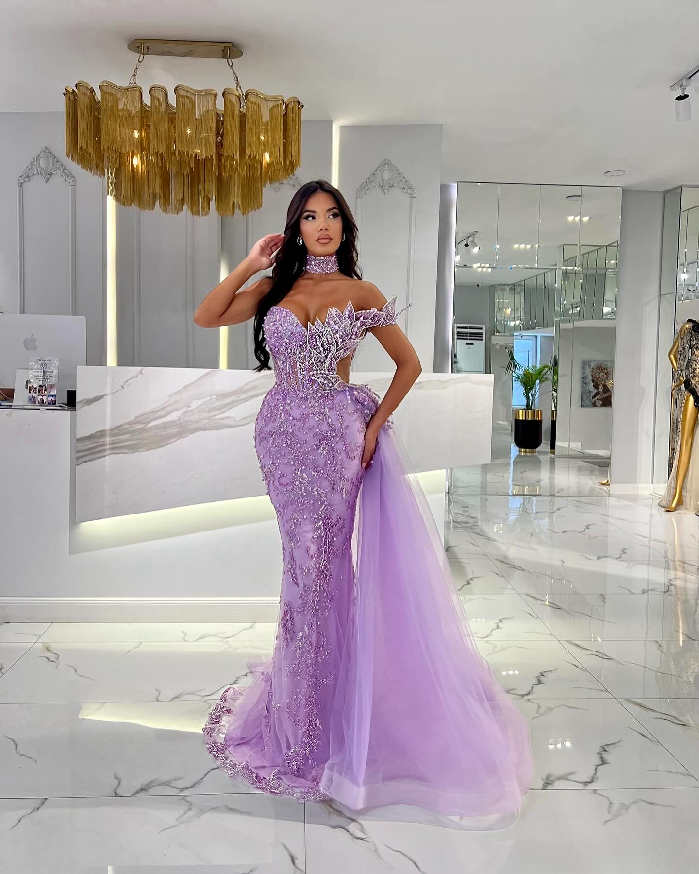 Stunning Purple Mermaid Evening Elegant Leaf Beading Shoulder Prom Dress Beads Side Train Custom Made Formal Dresses For Women 0618