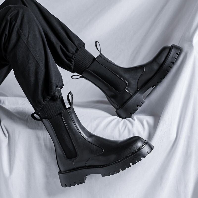High top Martin boots, British leather shoes, motorcycle chimney, mid top thick soled boots, winter velvet Chelsea boots for men