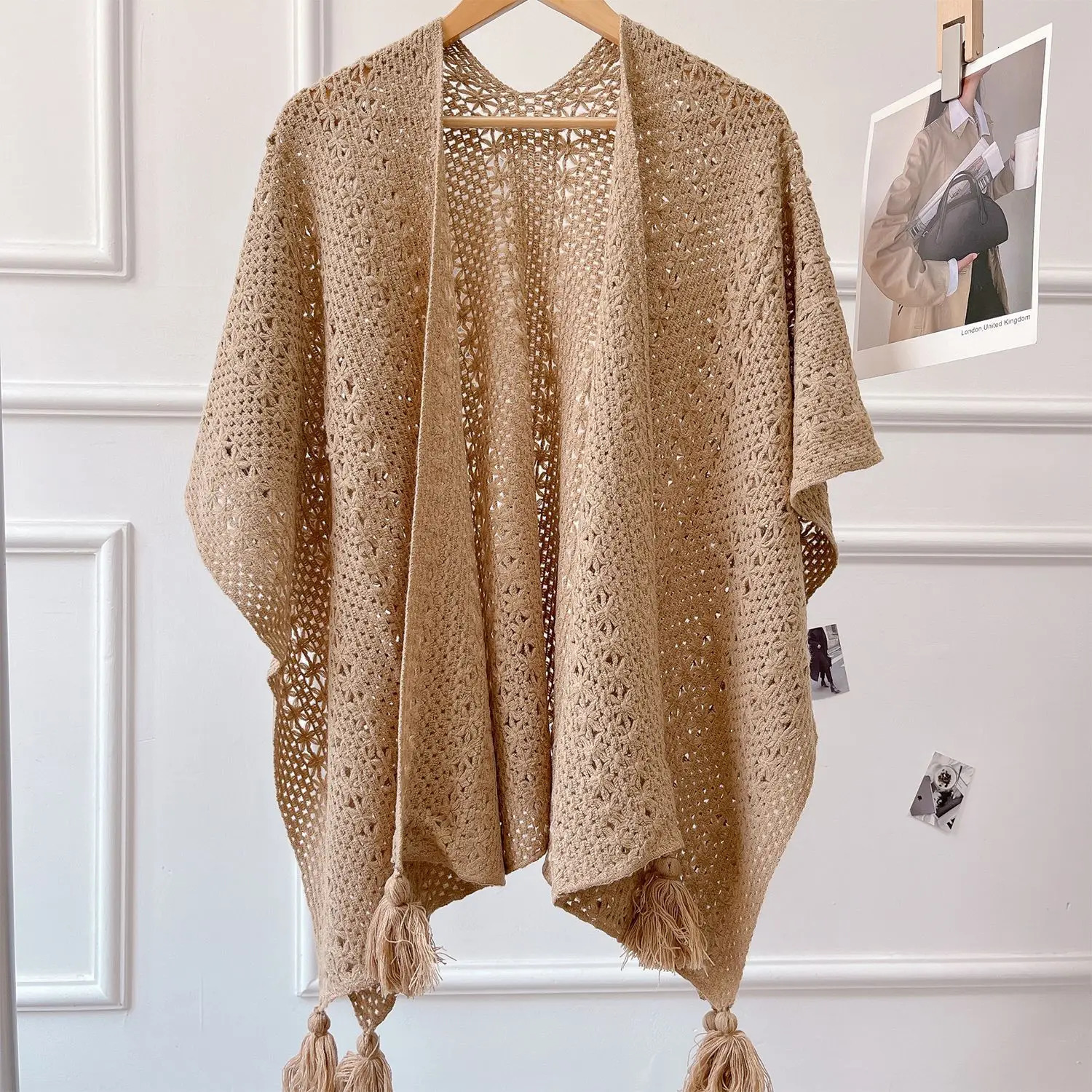 Poncho Cloak Ethnic Style Tourism Holiday Outwear Pography Knitted Tassel Split Shawl for Women Capes Lady Spring Coat 240419