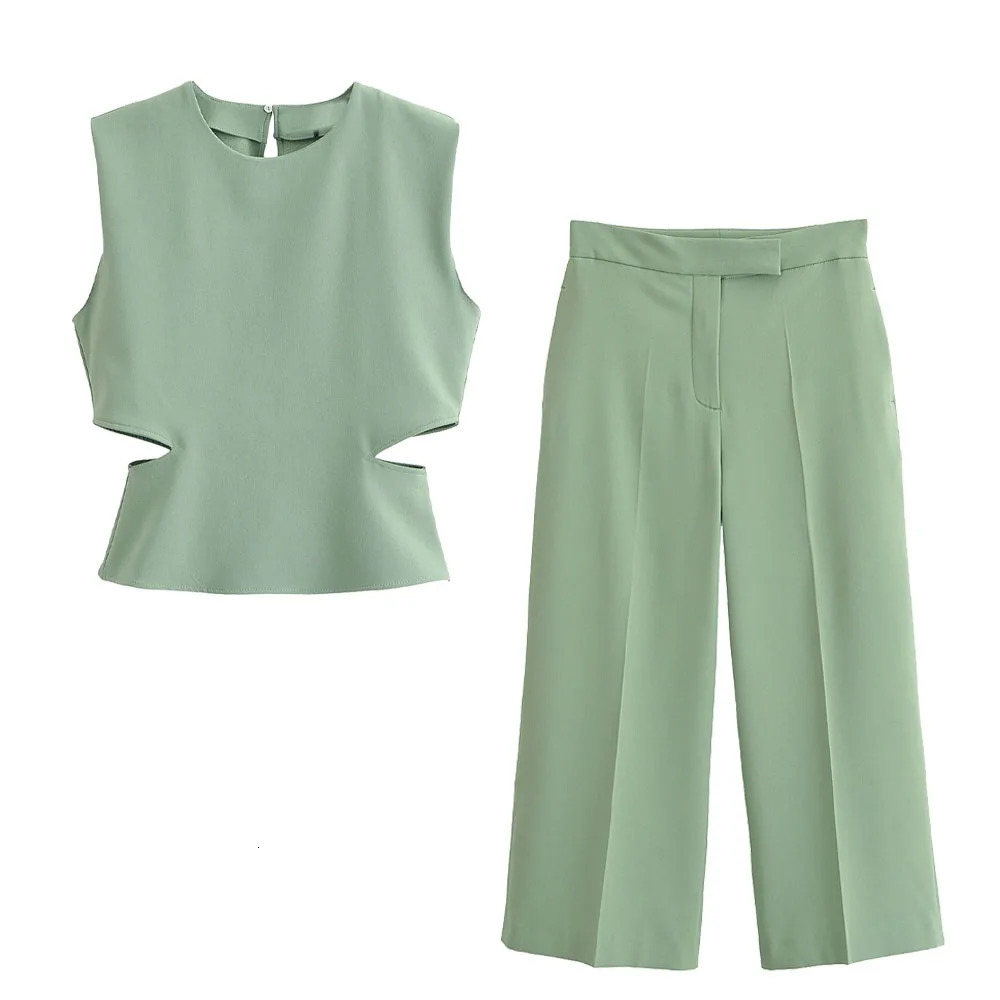 Spring Womens Casual Solid Color Round Neck Sleeveless Hollow Top High Waist Wide Leg Pants Fashion Set 240418