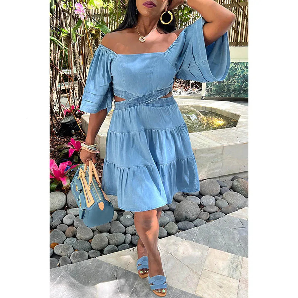 Plus Size Blue Daily Denim Off Shoulder Hollowed Out With Pocket Midi Dresses 240419