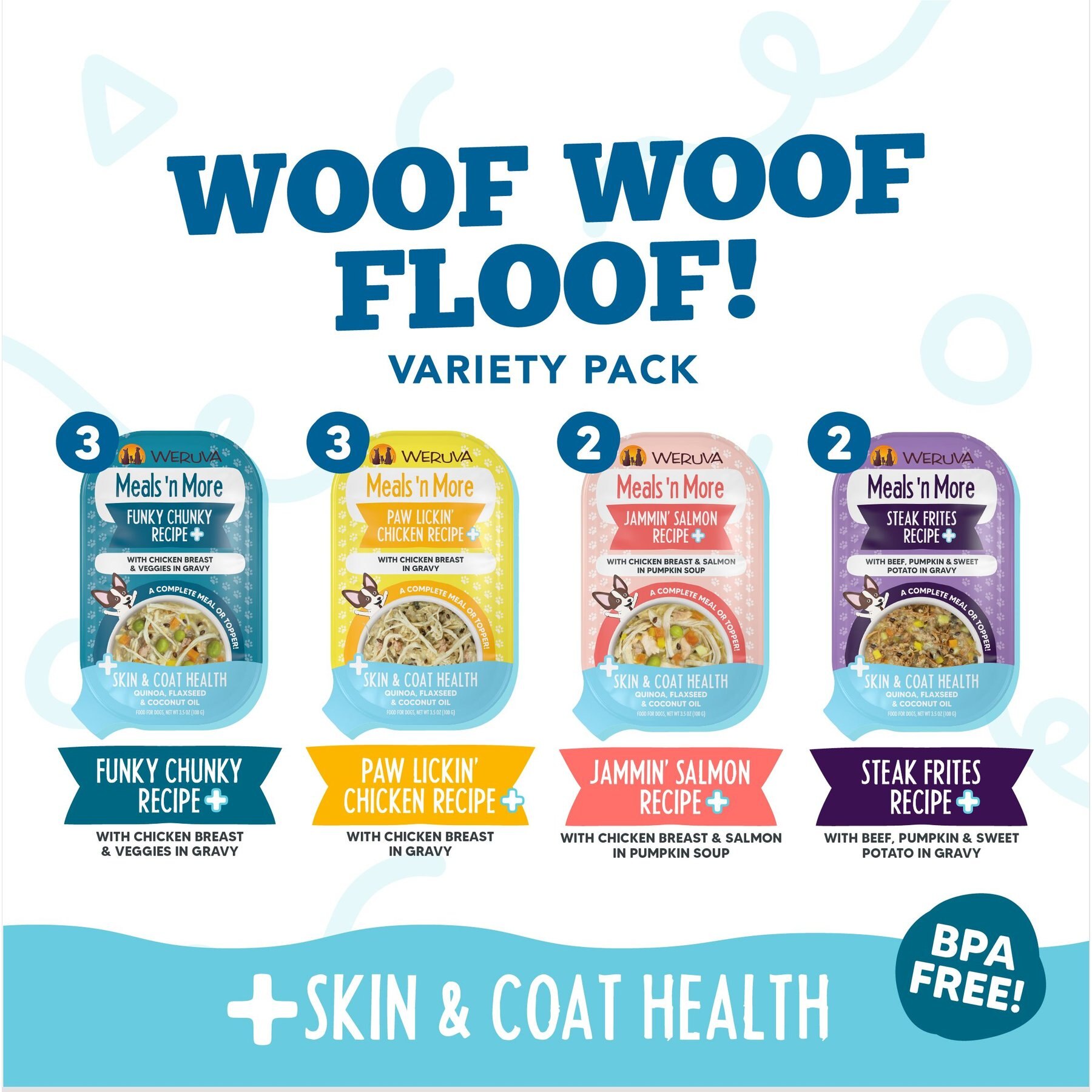 Weruva Meals 'n More Natural Wet Dog Food, Woof Woof Floof! Skin & Coat Health Variety Pack, 3.5-oz cup, 10 count