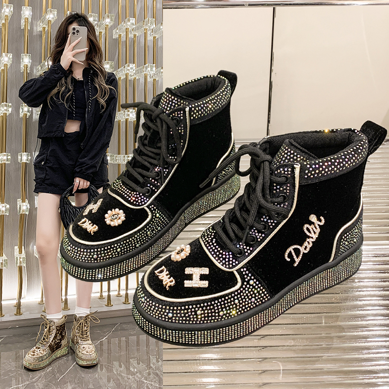 Luxury Diamond Shoes Designer Flat Shoes Fashion Women's Casual Shoes Shining Casual Thick soled sneakers High quality suede women's boots Z