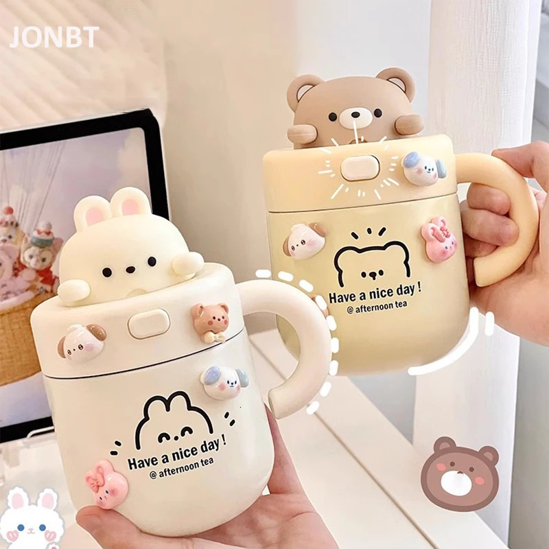 Kawaii Bear Thermal Mug Insulated Coffee Tumbler For Cold Drinks Water Tea Large Thermos Stainless Steel Cup With Straw Lid 241121