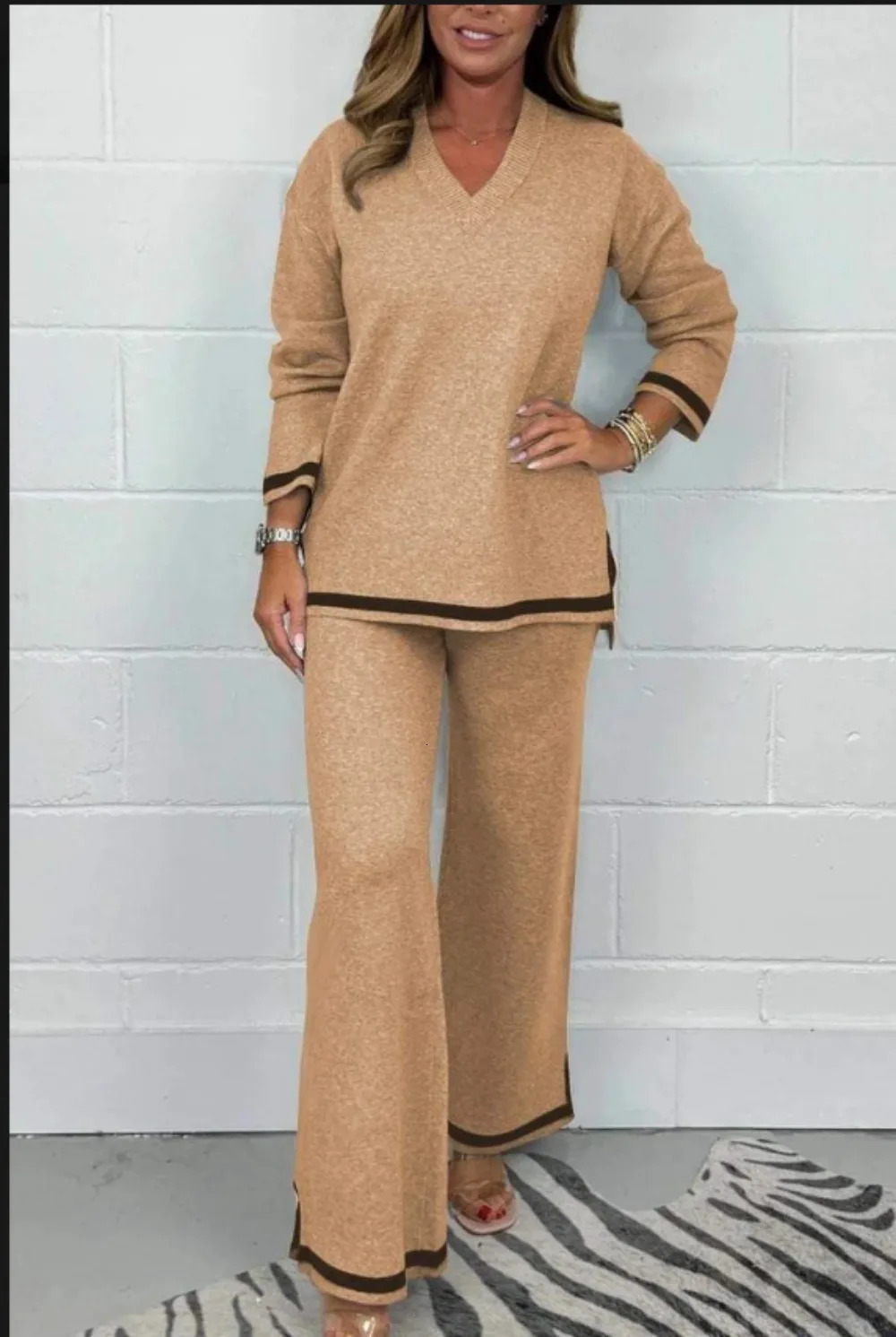 Autumn Winter Fashion Knitted Two Piece Set Women Casual Loose Vneck Long Sleeved Pullover Wide Leg Pants 241122