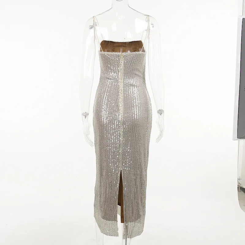 Basic Casual Autumn Sexy Sleeveless Glitter Sequined Evening Party Club Maxi Dress Women Bodycon Backless Split Long Dresses Vestido 240420 C260312