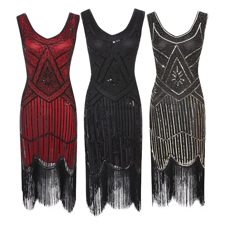 Women Party Dress 1920 s Great Gatsby Flapper Vestidos Sequin Bead Fringe Dress Evening V Neck Embellished Fringed Sleeveless 240420