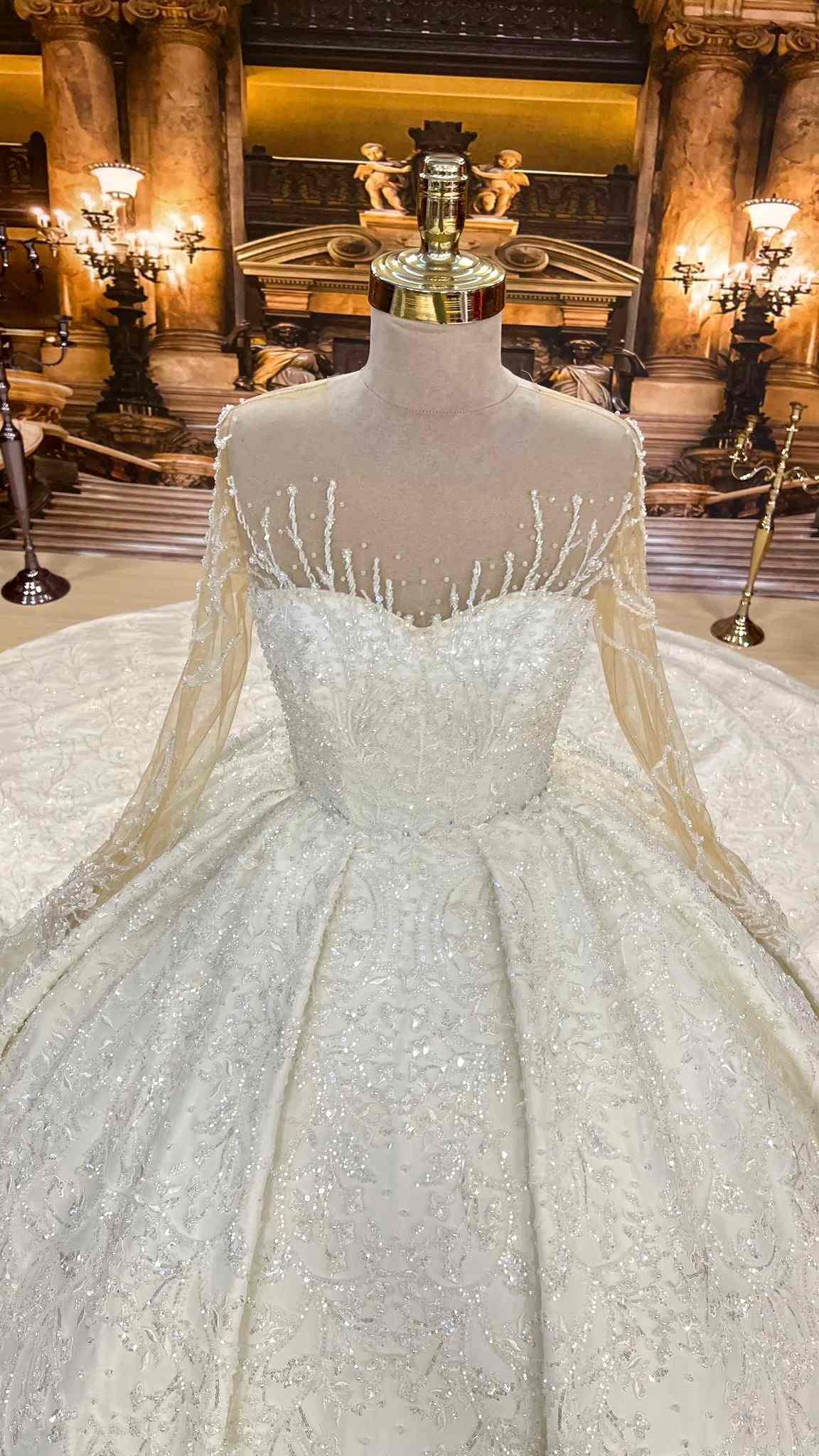 Gorgeous Ball Wedding Dress For Women Sheer Neck Long Sleeves Bridal Gown Appliques Sequins Sweep Train Dresses Custom Made vestidos de novia