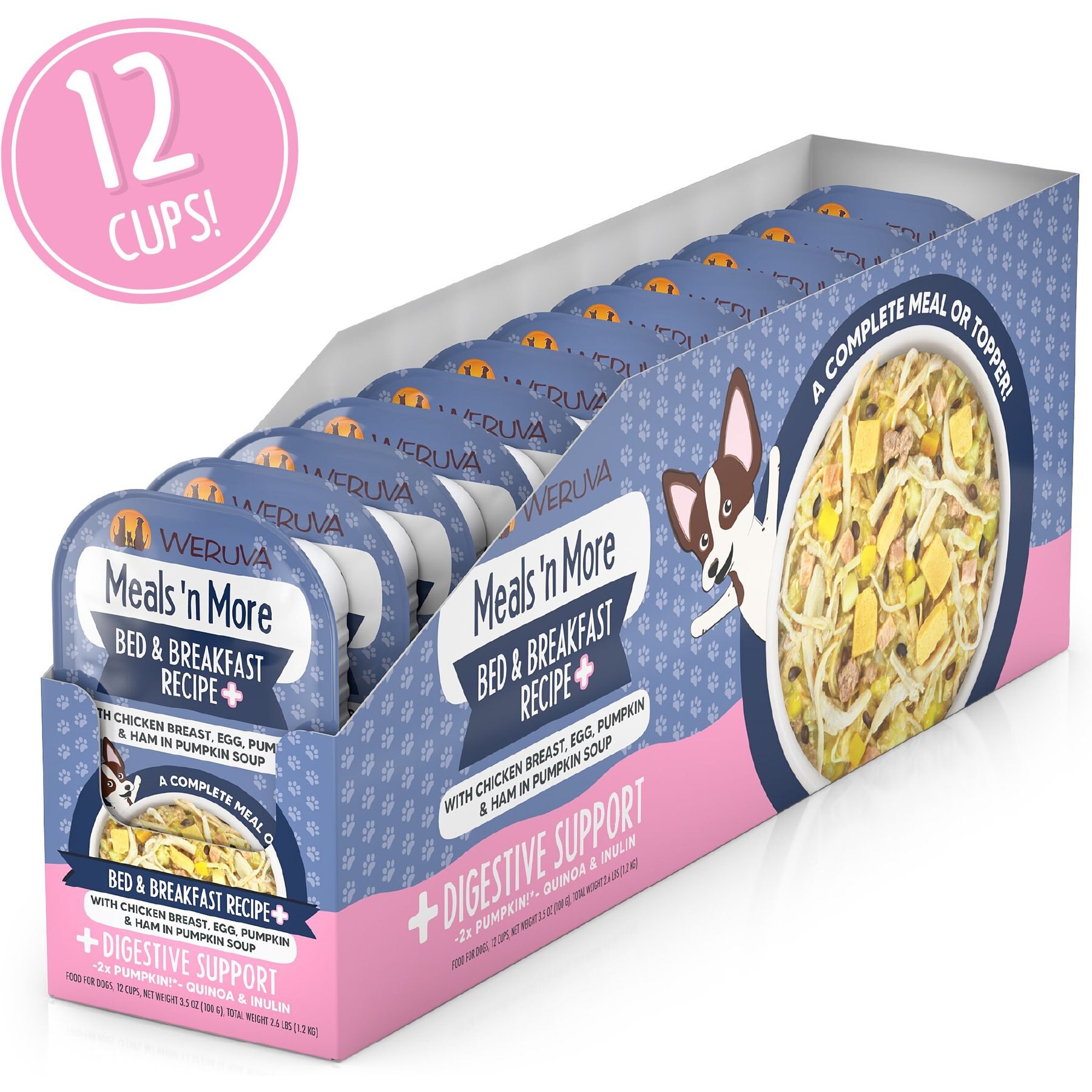 Weruva Meals 'n More Natural Wet Dog Food, Bed & Breakfast Plus Digestive Support, 3.5-oz cup, 12 count