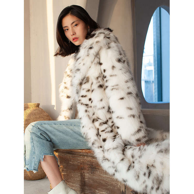 Women's coat imitates fox fur coat, black spot leopard print suit, long size plus winter warmth