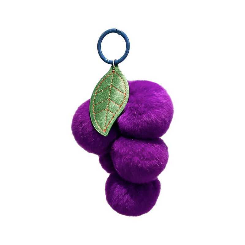 Luxury Fluffy Real Rex Rabbit Fur Pompom Keychain Genuine Leather Grape Keychain Metal Ring Pendant Bag Charm Womens Gift Y241121
