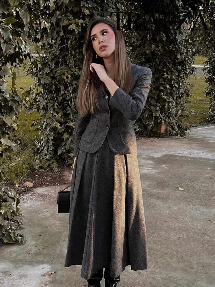 TRAFZA Autumn Women Fashion Sets Solid V Neck Tight Blazer A Line Loose Comfortable Minimalism Style Female Long Skirt 241121