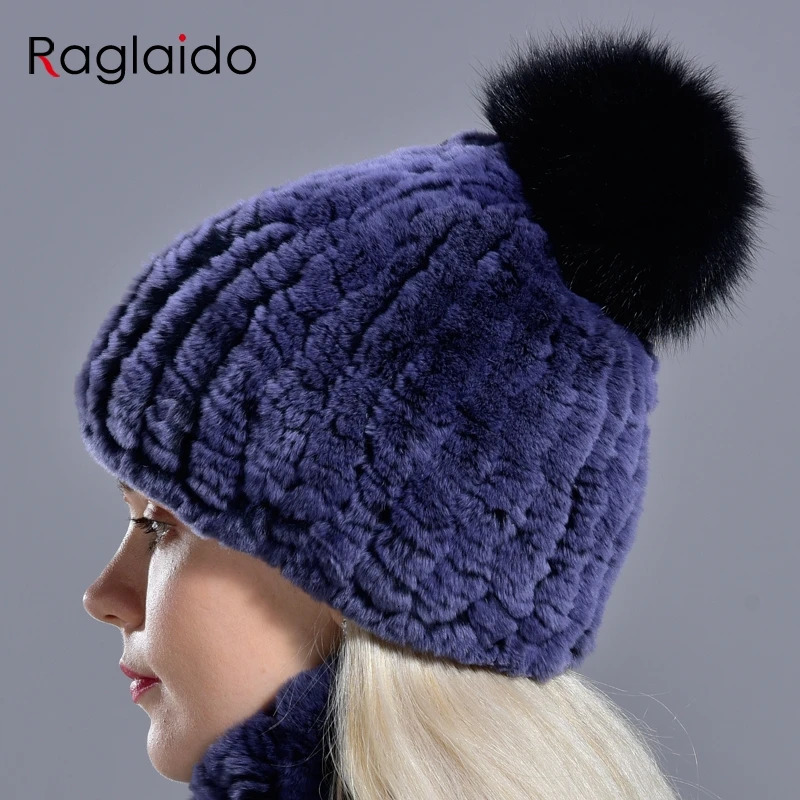 Knitted Pompom Hats for Women Beanies Solid Elastic Rex Rabbit Fur Caps Winter Hat Skullies Fashion Real Fur Hats 241122