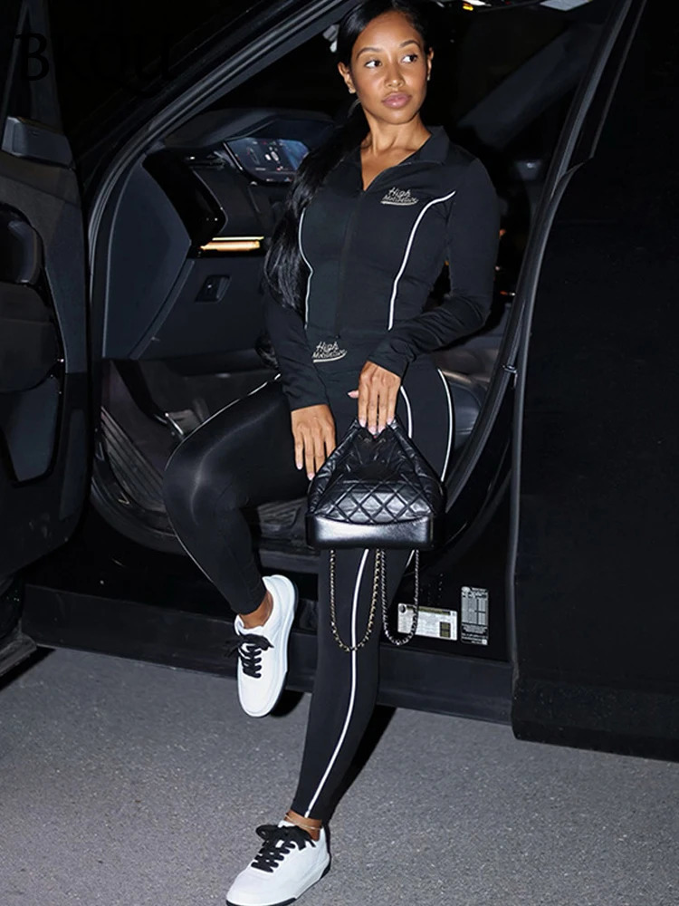 BKQU Patchwork Casual 2 Piece Set Women Tracksuit Long Sleeve Zip Crop Tops High Waist Leggings Matching Skinny Pants Suit 2024 241122