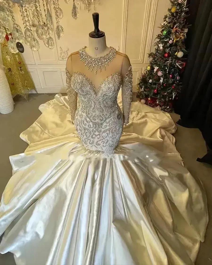 African Women Mermaid Wedding Dresses For Bride Beading Sequin Bridal Gowns Long Sleeves Vestidos De Boda bc19783