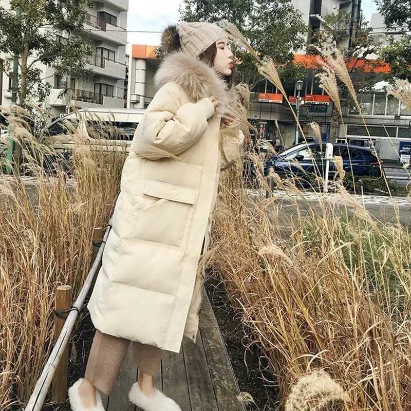 Winter down cotton jacket womens winter hooded faux fur collar coat warm park chiffon coat extra long winter jacket C363 W241122