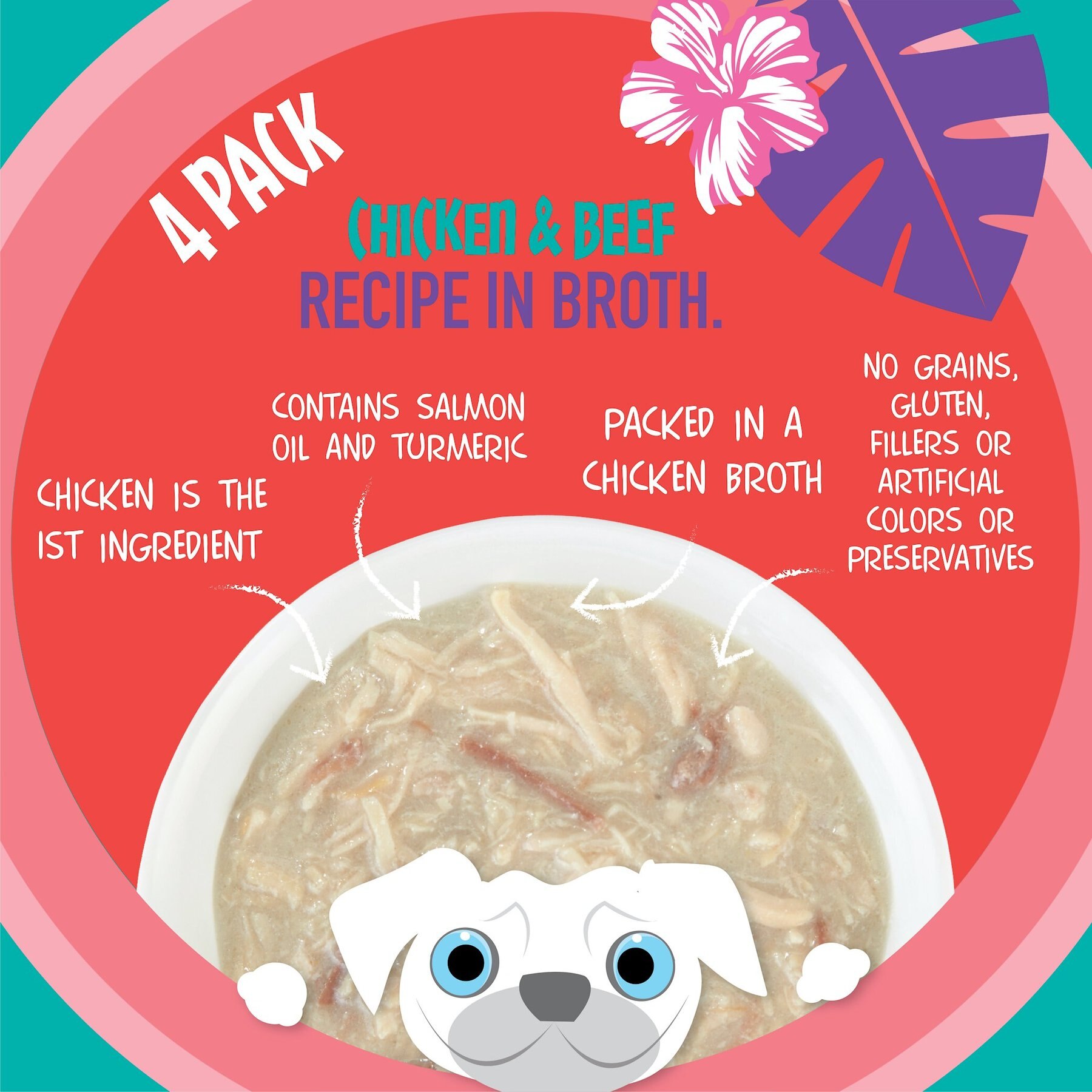Tiki Dog Meaty High Protein Diet Chicken with Beef Recipe in Broth Grain-Free Wet Dog Food, 3-oz cup, case of 4