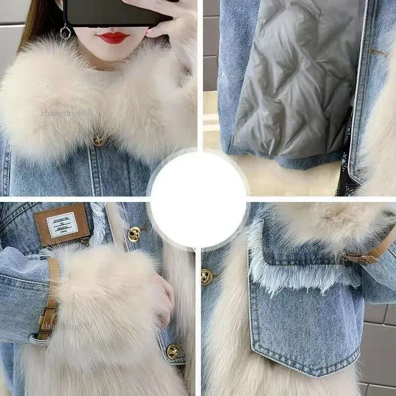 Womens Fur Faux Fur Women Cotton Coat Winter Jacket Female Fur Denim Stitching Parkas Thicken Thin Outwear Big Fur Collar Overcoat 230920