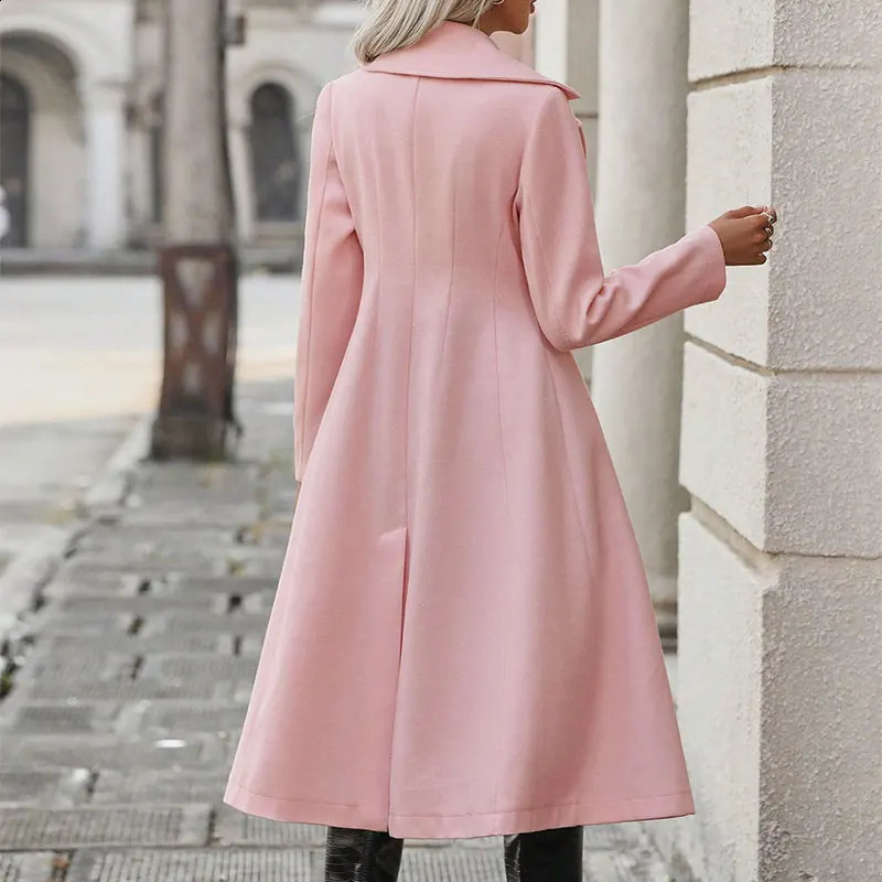 Women Trench Autumn Winter Pink Coat Fashion Streetwear Suit Collar Button Elegant Lady Slim Versatile Clothing 241121