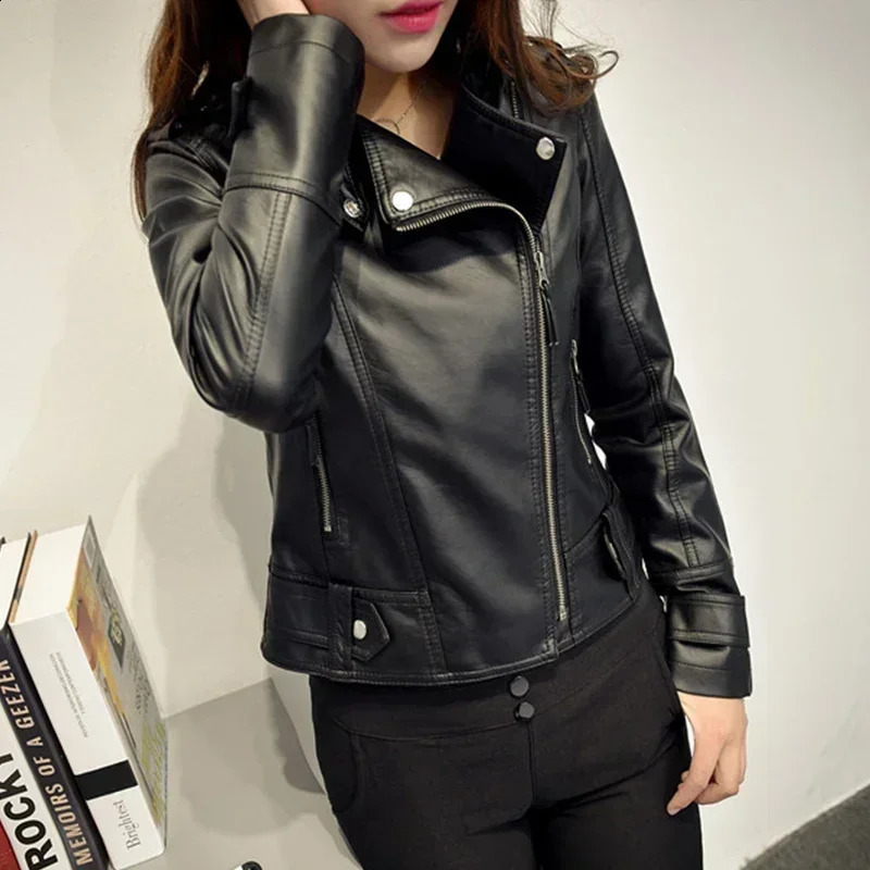 Women Short Black PU Zip Up Jacket Slim Fashion Motorcycle Outwear Leather Casual Wild Coat 241121
