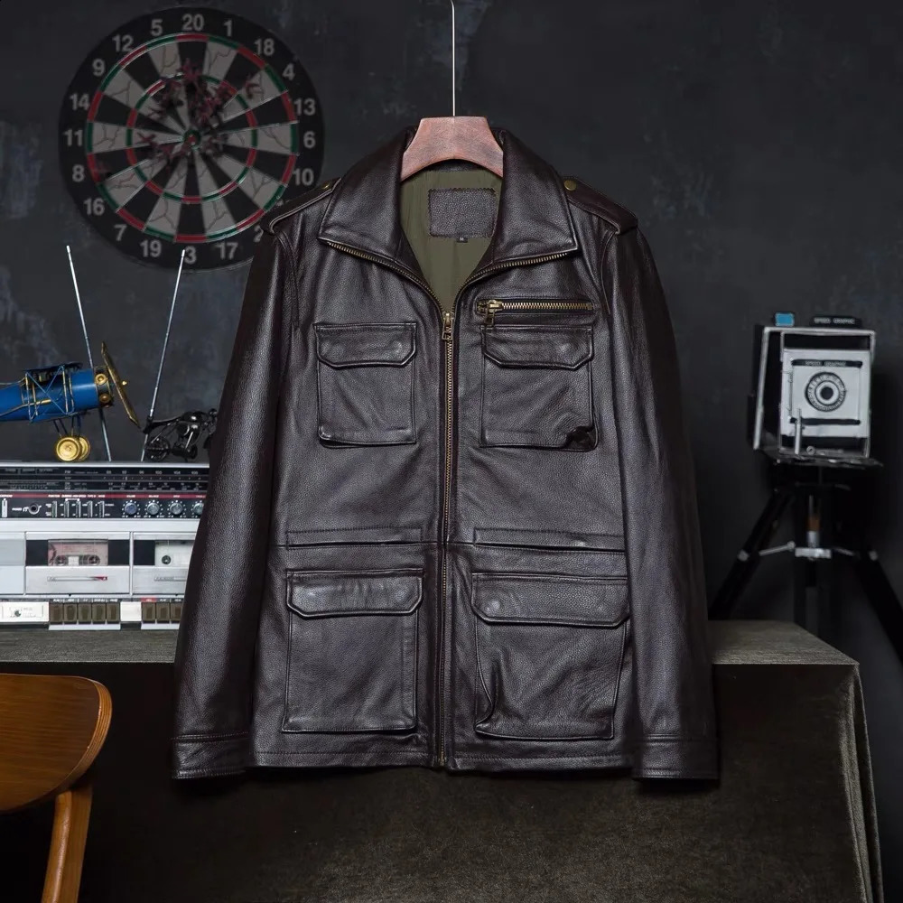 Brown Black Real Cowhide M65 Hunting Leather Jacket Men Genuine Coat Winter Pockets Jackets Jaqueta Masculina De Couro 241122
