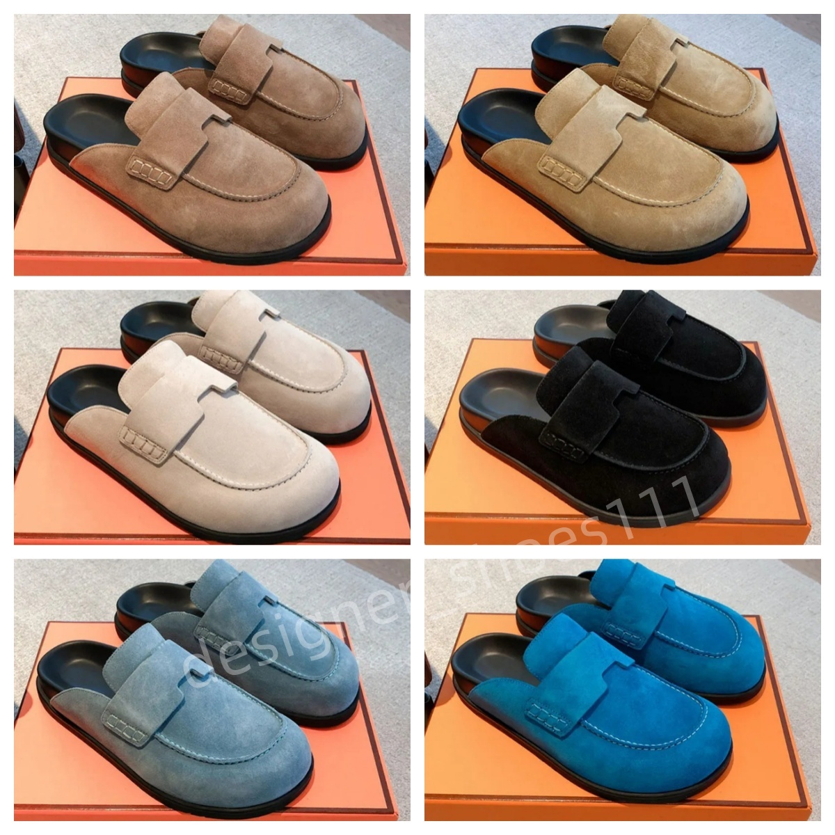 womens slippers designer slippers mule Italian suede calfskin Mule Men Flat Slippers Fashion beige Indoor Slide Beach chamois Casual shoes Boken wool slippers35-46