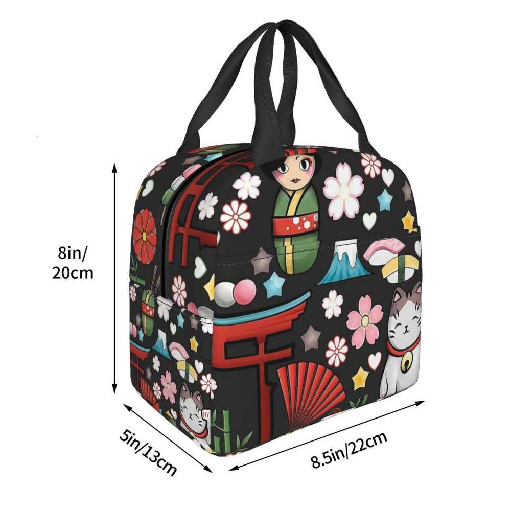 Maneki N Lucky Cat Insulated Bags Cooler Container Kokeshi Japanese Doll Tote Lunch Box Food Bag College