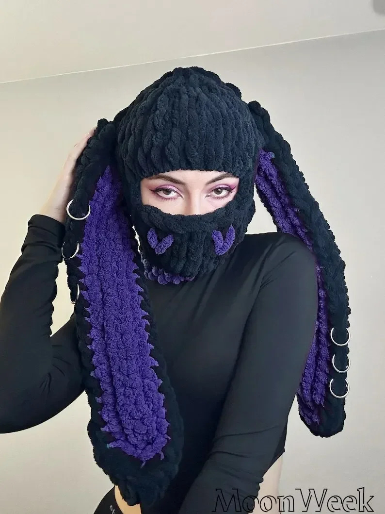 Halloween Fun Rabbit Ears Creative Knitted Hat Bear Warm Full Face Cover Ski Mask Hat Windproof Balaclava Hat Outdoor Sports 241205