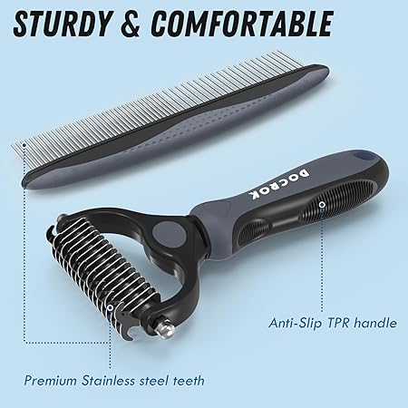 Docrok Pet Grooming Brush and Metal Comb Combo - Undercoat Rake for Dematting and Deshedding Long Matted Haired Dogs and Cats