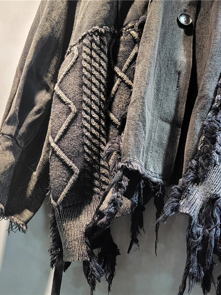 DEAT womens denim jacket patch work knit wash black Gery irregular distressed loose jacket autumn fashion 29L8172 241121