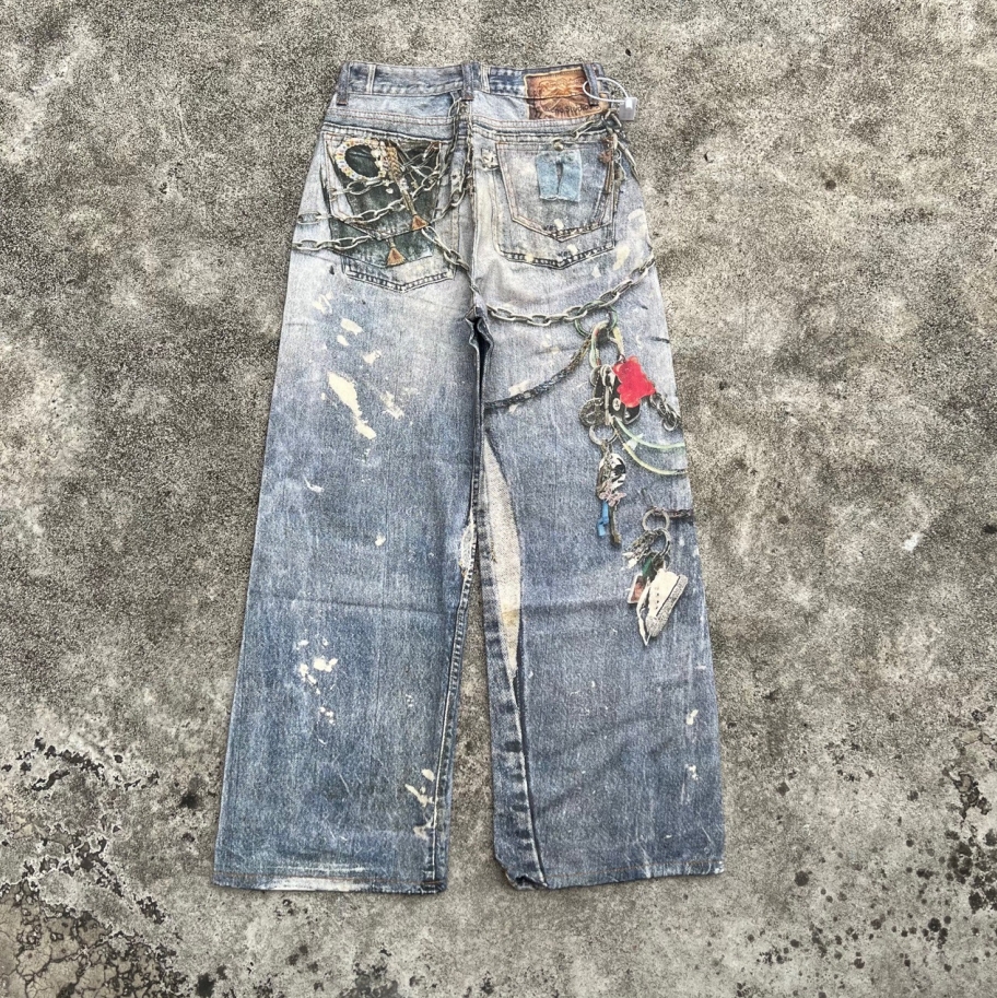 Designer Jeans 3D Digital Printing Chain Torychain Graffiti Splash-Ink Distrugg…