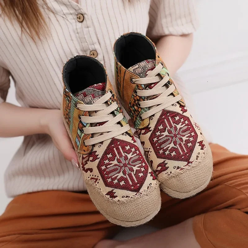 Women Casual Shoes Grass Woven Flat Espadrilles Comfortable Bohemian Chinese Style Laceup Fashion Nonleather 241122