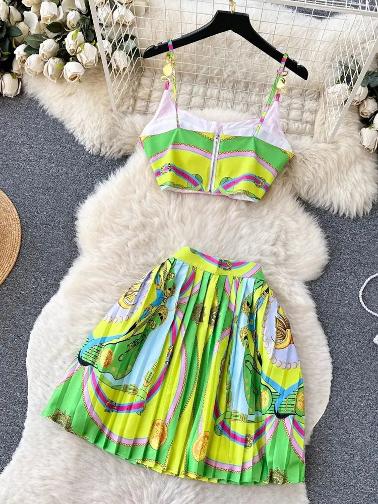 Summer Holiday Baroque Two Piece Set Women Short Spaghetti Strap Simple Metal Crop Top Chain Print Mini Pleated Skirts Suit 240415