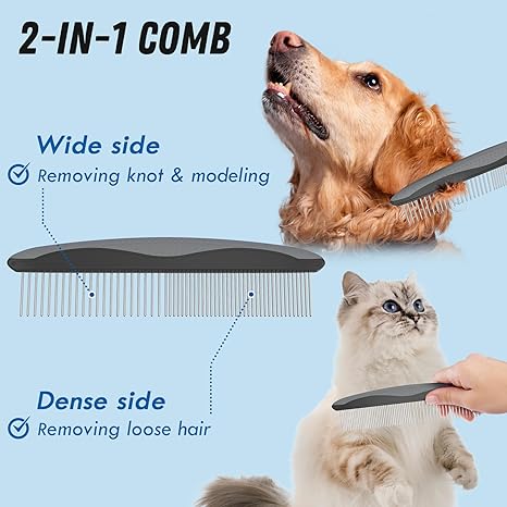 Docrok Pet Grooming Brush and Metal Comb Combo - Undercoat Rake for Dematting and Deshedding Long Matted Haired Dogs and Cats