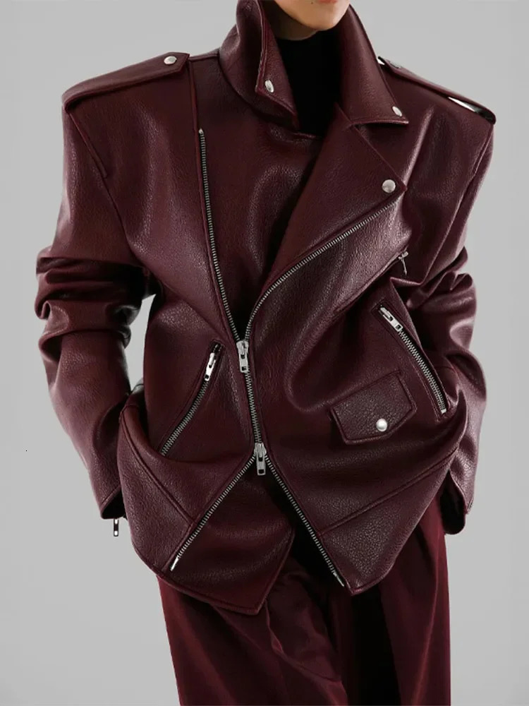 Women Chic Burgundy Irregular Zipper Leather Jacket Elegant Lapel Collar Long Sleeves Coat 2024 Lady Autumn Cool Streetwear 241122