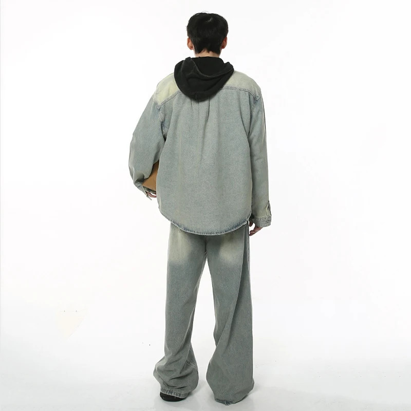 IEFB Mens Set Loose Washed Retro Denim ShirtCoat Vintage Male Casual Two Piece Trend Baggy Jeans Suits Loose Streetwear 9C 240415