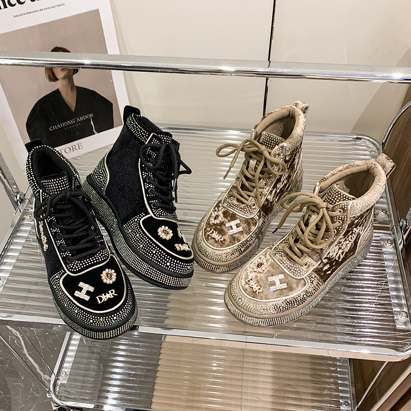 Luxury Diamond Shoes Designer Flat Shoes Fashion Women's Casual Shoes Shining Casual Thick soled sneakers High quality suede women's boots Z