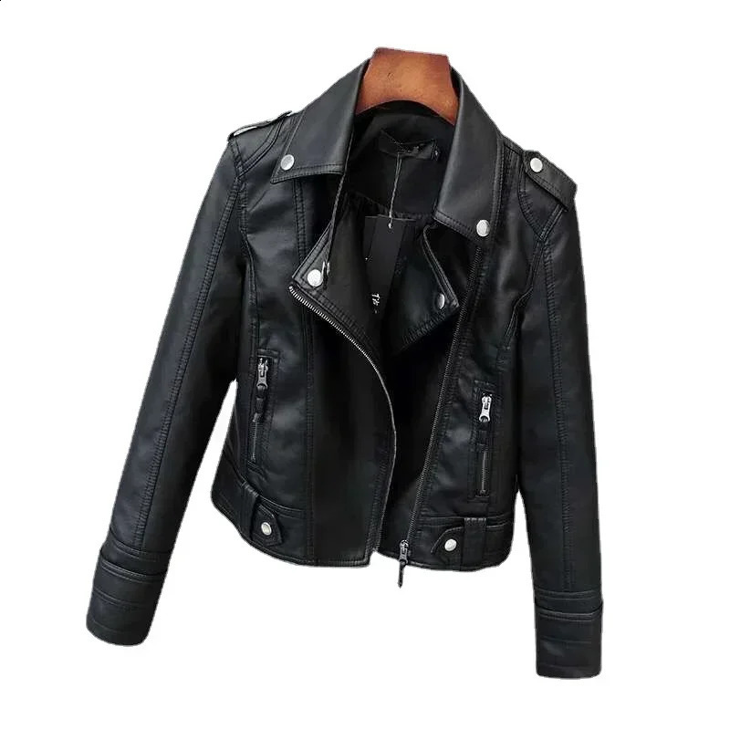 Women Short Black PU Zip Up Jacket Slim Fashion Motorcycle Outwear Leather Casual Wild Coat 241121