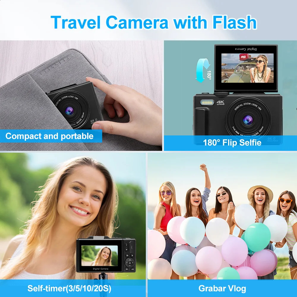 Compact digital pography camera 4K 18X digital zoom retro video recorder 64MP 180 ° flip screen camera 241121