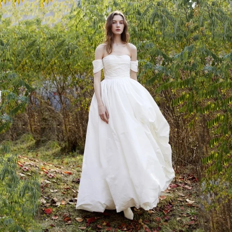 Simple Modest Wedding Dress 2024 Off The Shoulder Sweetheart Short Sleeve Taffeta Bridal Gowns Robe Side Split Formal Party Dresses