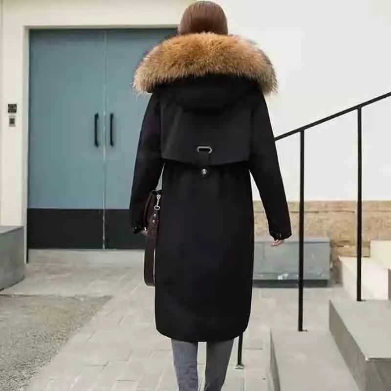 New winter 2024 Kn long hooded loose ultra-thin womens raccoon fur coat with detachable fur lining warm and casual womens coat 5XL W241122