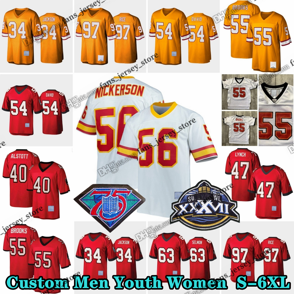 Custom 75th Throwback 55 Derrick Brooks 1995 Football Jerseys 63 Roy Selmon 99 Warren Sapp 47 John Lynch 40 Mike Alstott 17 Doug Williams 12 Tom Brady 20 Ronde Barber