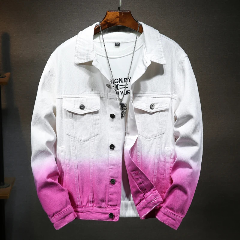 Mens Gradient Color Jacket SpringAutumn Mens Denim Jacket with Holes Washed Men Bomber Jacket Jackets for Men 240420