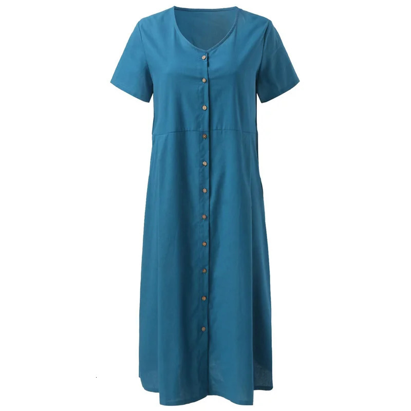 Singlebreasted Cardigan V Neck Solid Color Dresse Double Pockets Short Sleeve Gown Vintage Loose Cotton Linen Dress 2024 240419