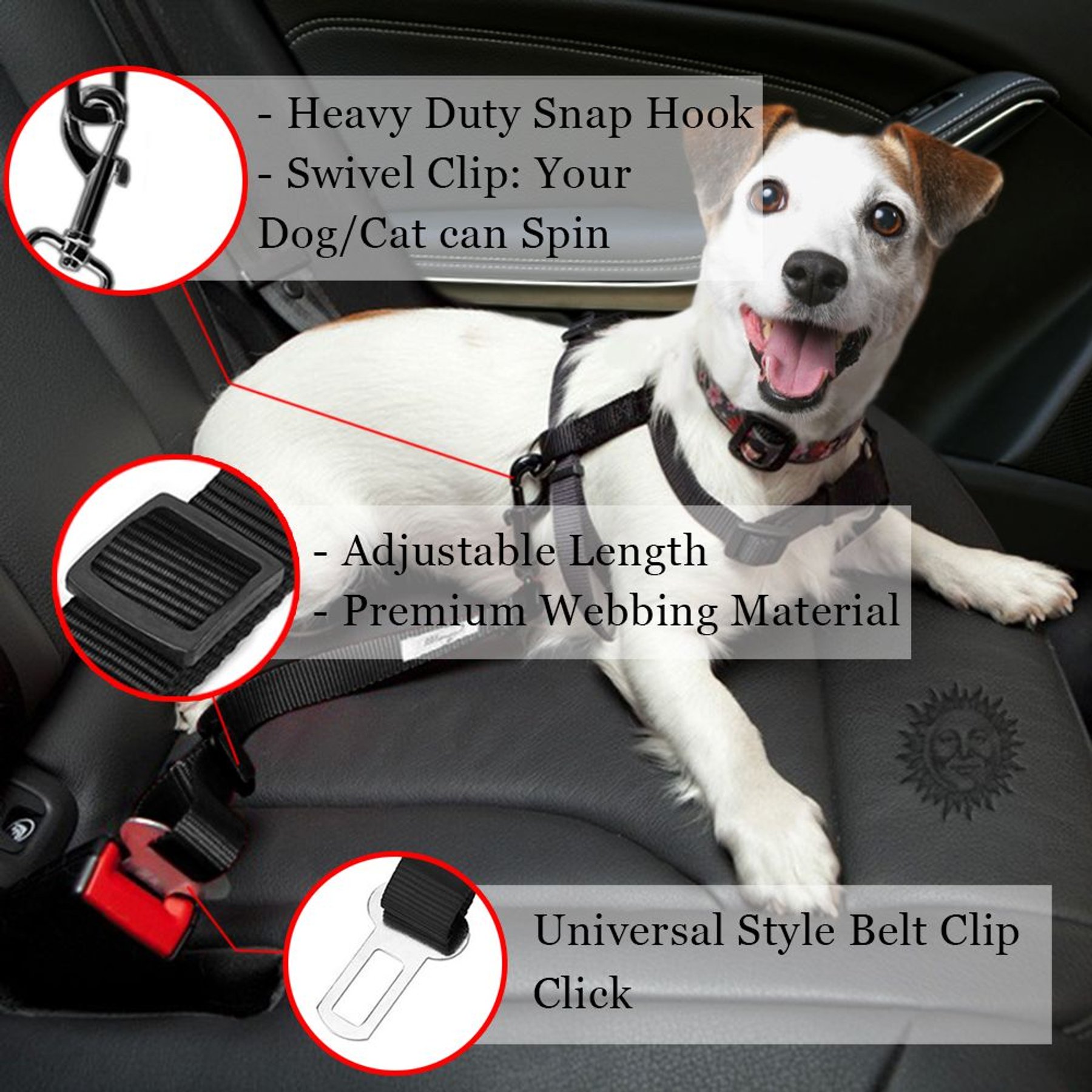 SunGrow Adjustable Safety Tether Dog & Cat Seat Belt Travel Accessories, 2 count