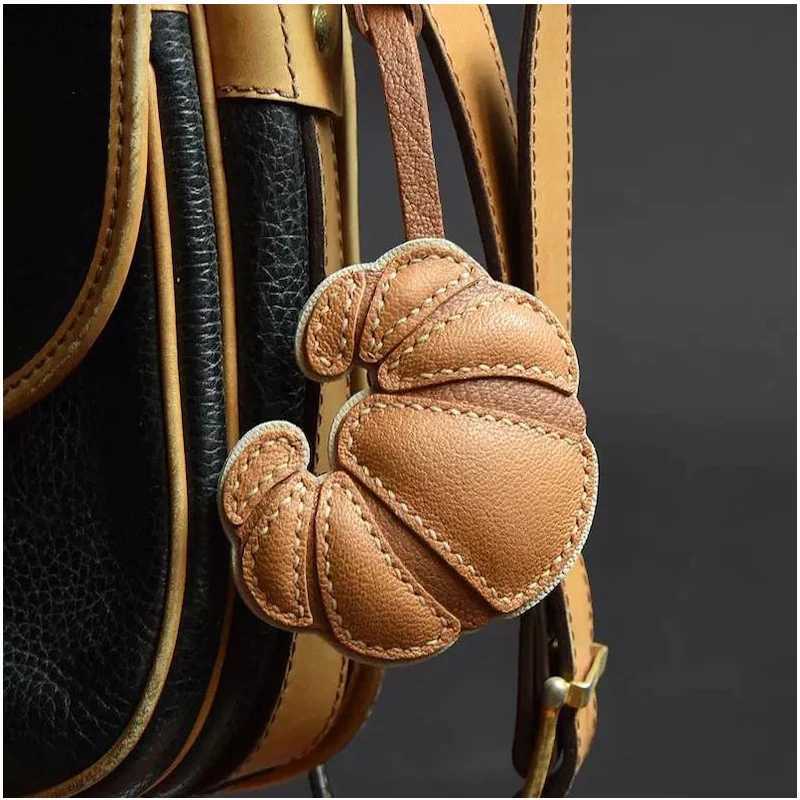 Handmade leather croissant charm keychain Y241121